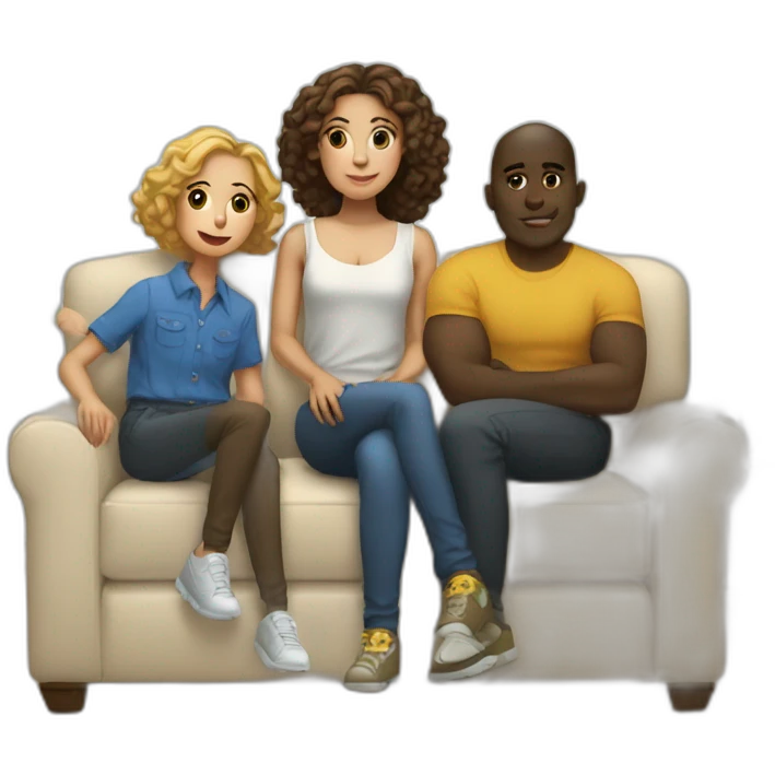 a light-skinned girl sits on a sofa and five dark-skinned guys stand behind emoji