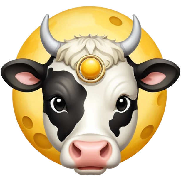 A spotted black and white cow head with Saturn's yellow-beige planet as the body and its iconic rings around the middle emoji