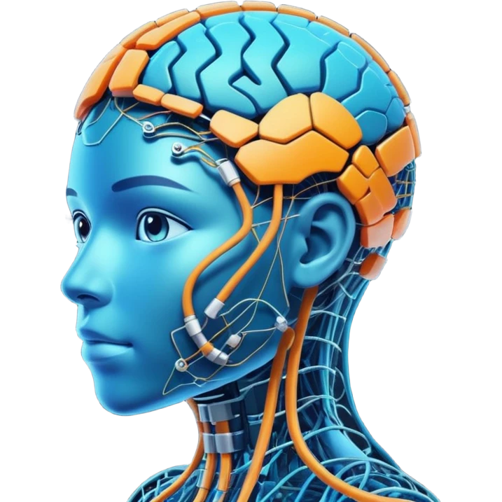 neural network nodes connecting to a digital avatar head, futuristic and vibrant, innovation and AI emoji