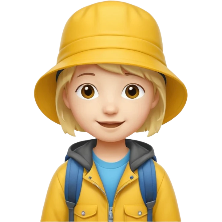 Little student wears yellow bucket hat and jacket, backpack, happy emoji