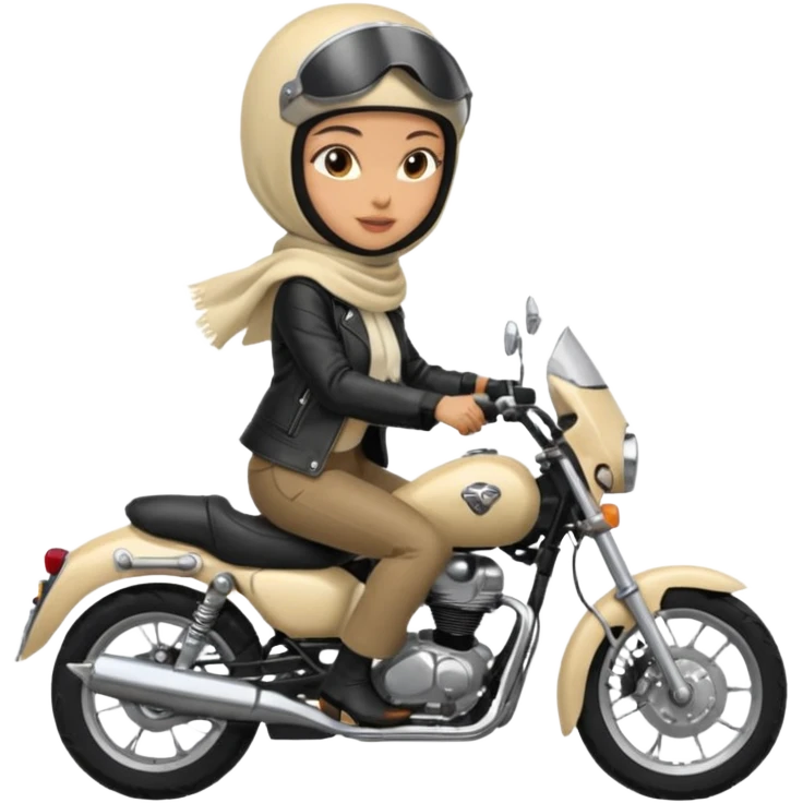 A woman wearing a cream colored pashmina hijab riding a motorbike emoji