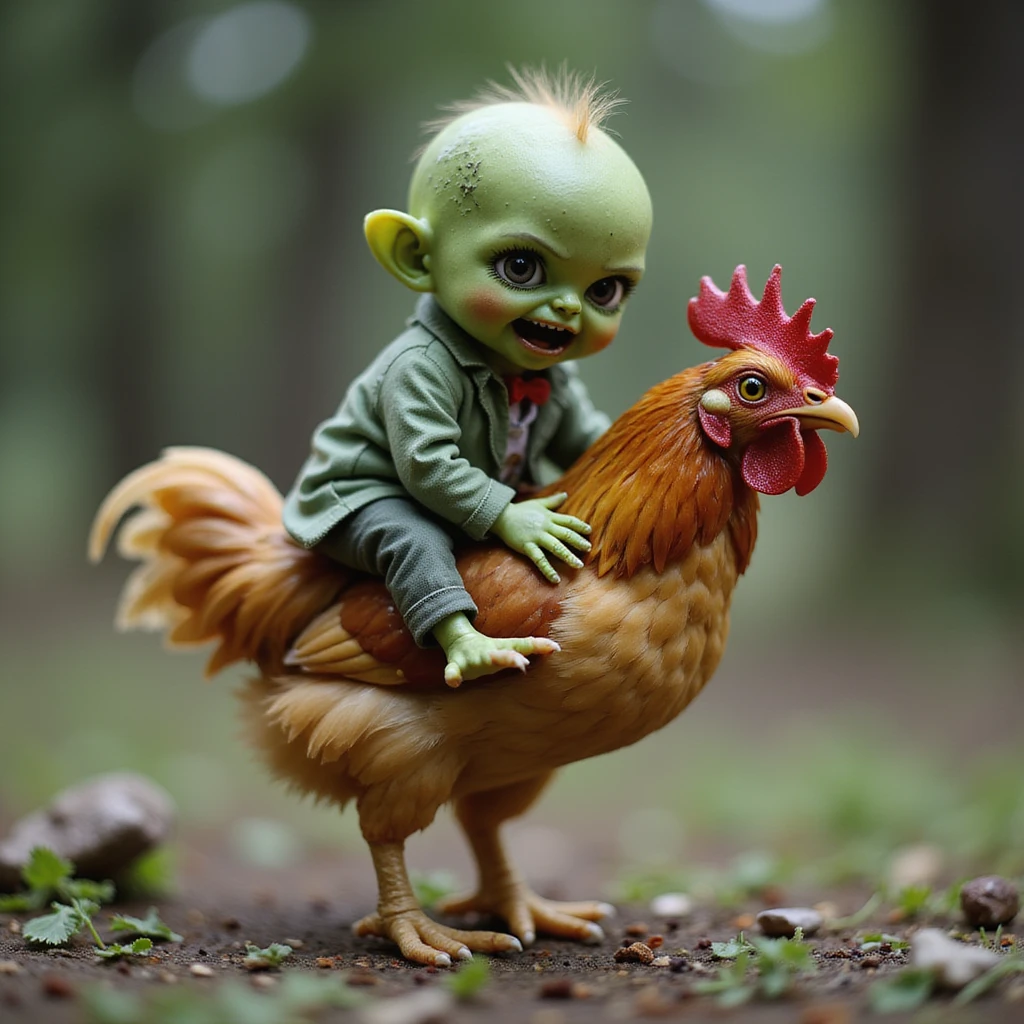 a realistic green baby zombie riding a chicken, photorealistic style emoji