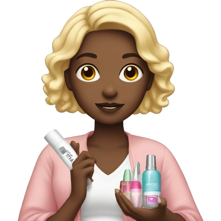 one white girl holding cosmetics in her hands emoji