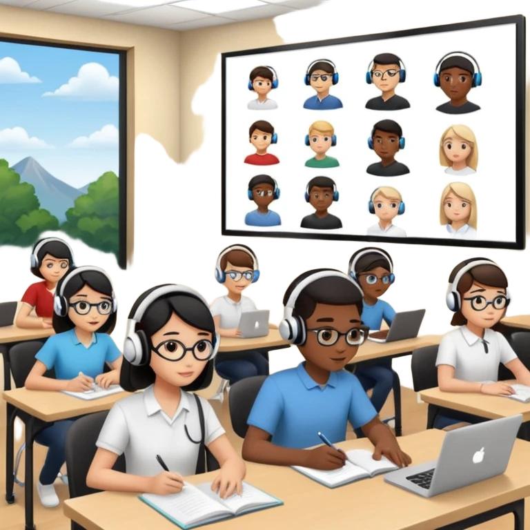 Birdseye view of large study space with students working separately add students wearing Vision Pro headsetd emoji