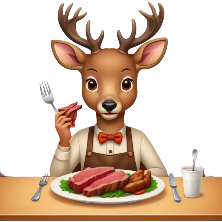 The deer is eating meat in the restaurant. emoji