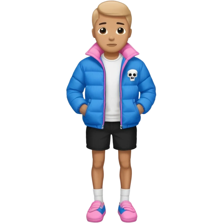 A skeleton with a white shirt blue puffer black shorts and pink slippers emoji