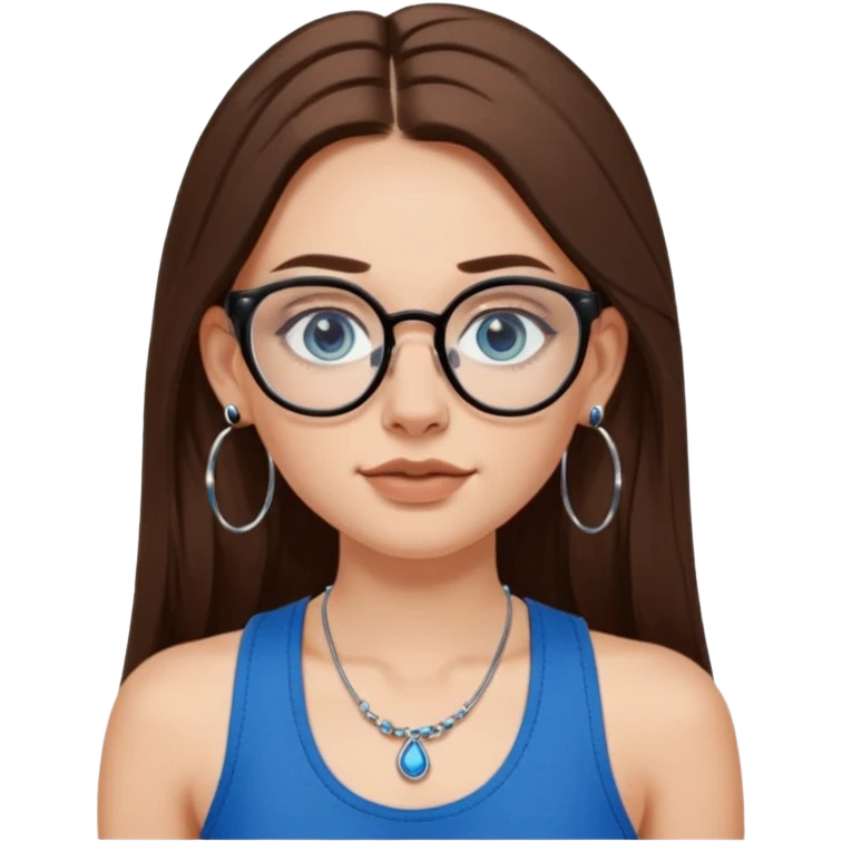 White girl with long brown hair, part going more to the RIGHT side, BLUE eyes, wearing BLACK plastic frame glasses. SEPTUM nose piercing hoop (at bottom of nose) AND stud nose piercing on right side of nose. Wearing BLACK tank top. Wearing big hoop earrings. No necklace! emoji
