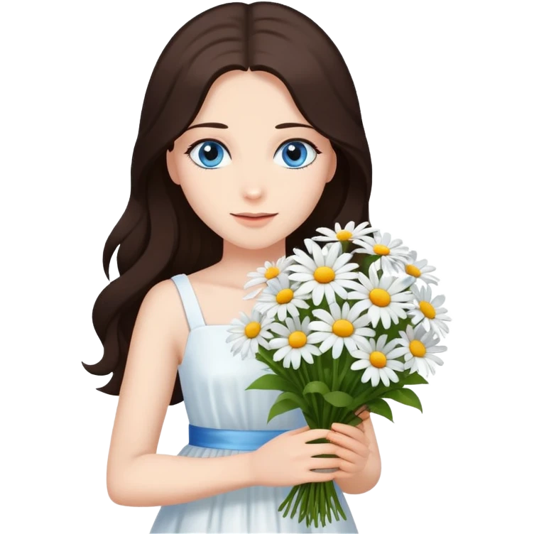A lady stand with dark brown long hair and blue eyes, wearing a white dress, holds a bouquet of daisies.  emoji