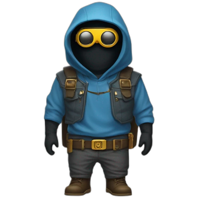 no face normal minion with glasses in hood in blue sleeveless shirt with two pistols in his hands with a gold insert on the belt in gray pants and leather boots emoji