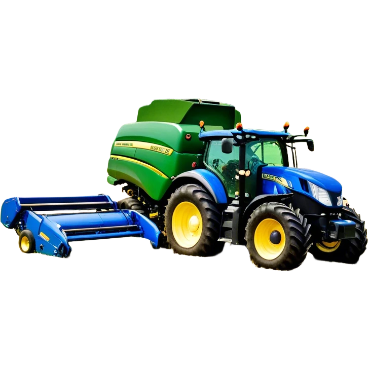 Baler – New Holland Roll-Belt 560 (2018) – Cinematic-realistic John Deere 6155M tractor towing a New Holland Roll-Belt 560 baler, its deep green body contrasting with the bright blue baler. The massive machine moves steadily through golden fields, compressing freshly cut hay into tight round bales, while dust swirls under the blazing afternoon sun. emoji
