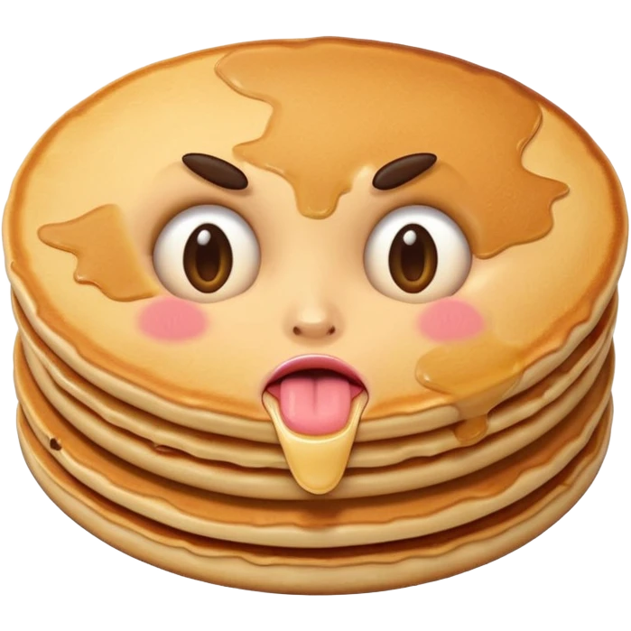 Emoji face with eyebrows raised and tongue out with a shocked expression in front of pancakes emoji