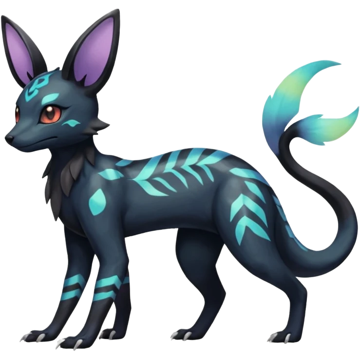Rare epic aesthetic iridescent spooky gloomy colorful Salandit-Umbreon-Eevee-Genet-species-Fakemon-hybrid-creature, with markings, full body emoji