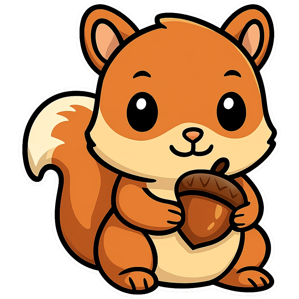 A baby squirrel holding an acorn in sticker style with transparent background. Please maintain the cartoonish sticker style look. emoji
