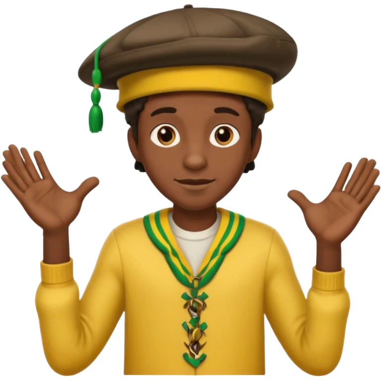 Lanky black guy with hunchback with hands out and Jamaican hat emoji