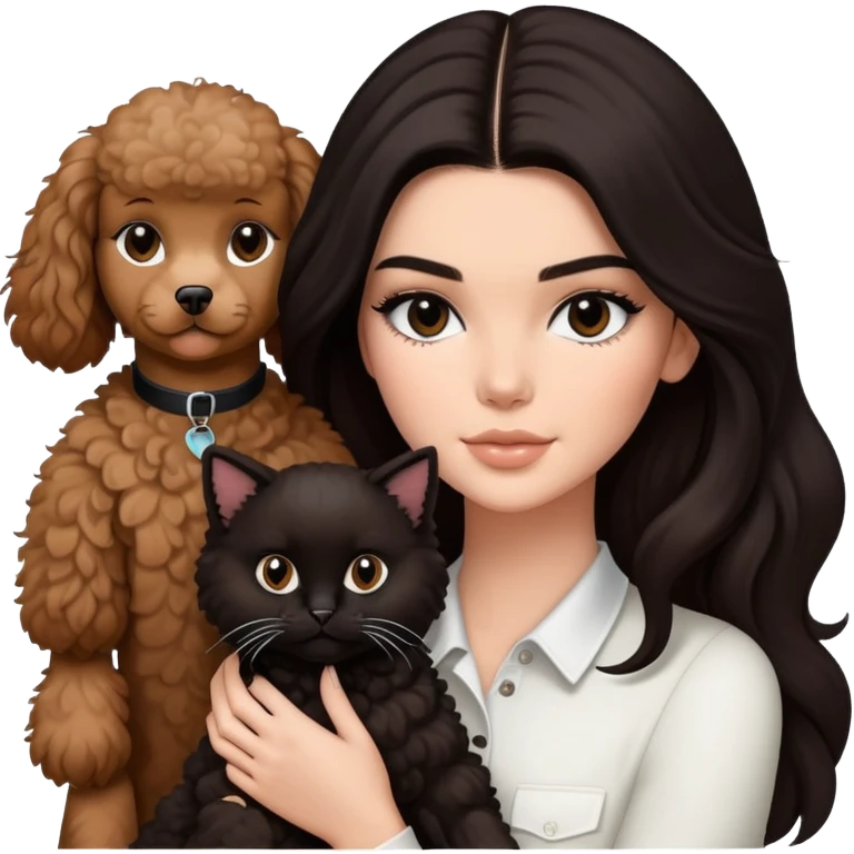 Kendall Jenner with long dark hair, holding a brown poodle and a black and white cat emoji