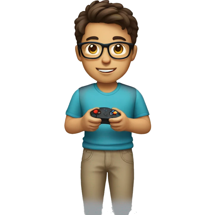 light Hispanic boy with brown hair and glasses holding a gaming remote emoji