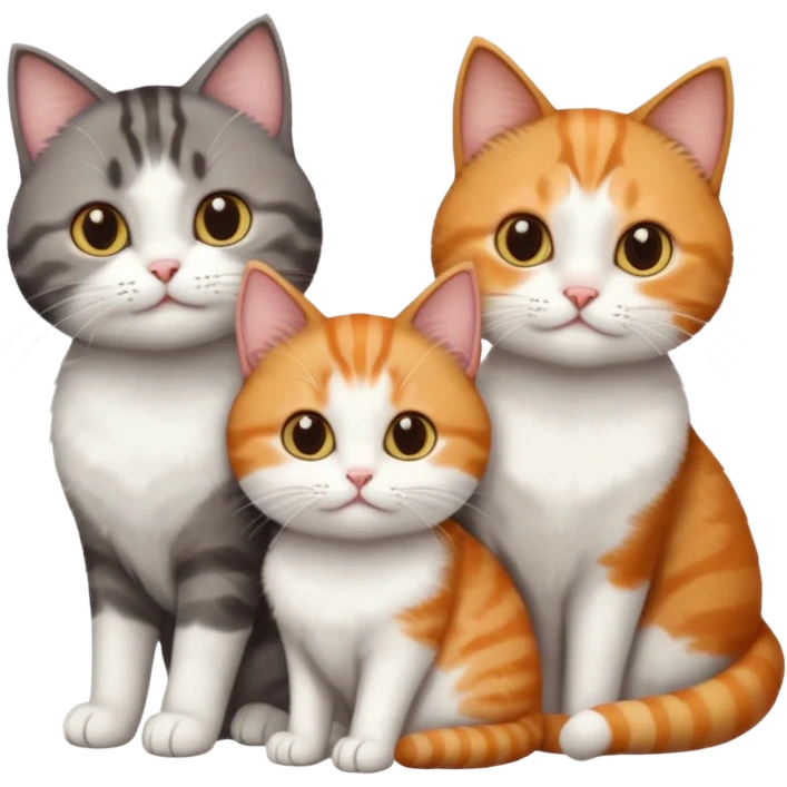 3 different coloured short haired cats including; a dark brown tabby and white cat, and a dark grey and white and a ginger and white emoji