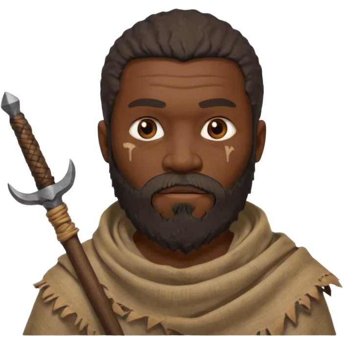 African ancient man, tattered cloth with raw stick weapon, beard and bold emoji