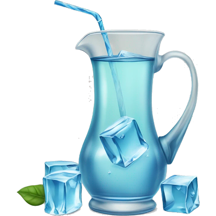 transparent jug of water filled halfway with blue water and three ice cubes floating. beside the jug an additional brown rounded cup filled with green yerba inside and a silver straw sticking out. emoji