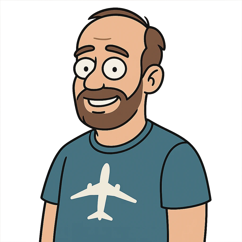 aviation geek short-bearded man, brown hair, slightly balding, close trimmed beard, flat toon style emoji