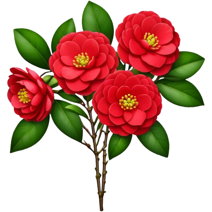 bouquet Red Camellia, luxuriant, stem, leaf emoji