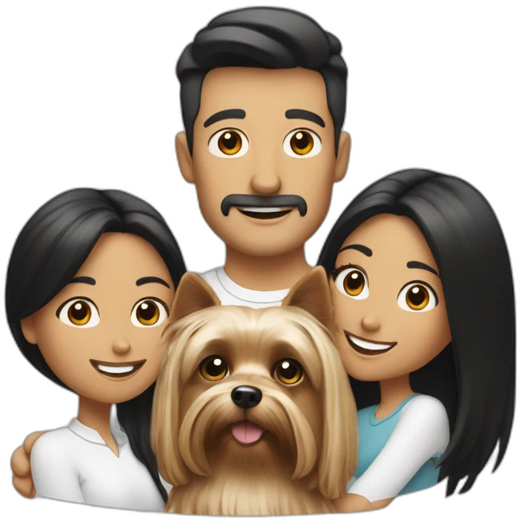 Family with a White man on hat and a White woman with long black hair and a small yorkshire terrier  dog emoji