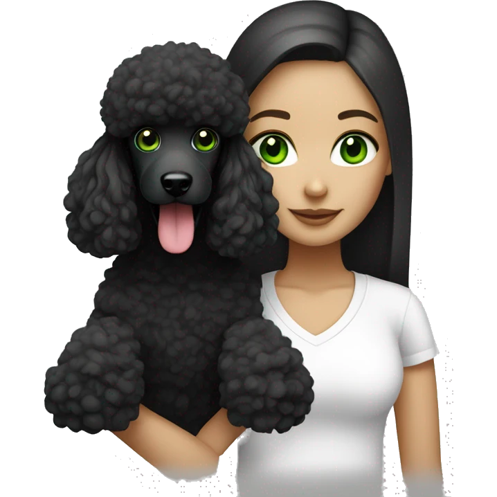 girl in white t shirt with long straight brunette hair and green eyes with black  poodle emoji