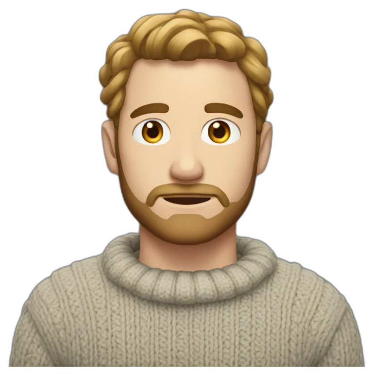 White man with a short beard and tied up shoulder length hair, wearing a necked wool sweater emoji