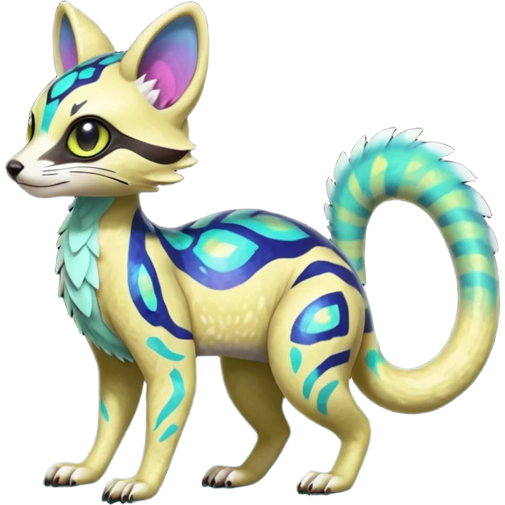 Rare realistic neon-colored iridescent shiny warm-colored lush tropical exotic cute epic pretty beautiful handsome gorgeous aesthetic colorful vibrant Vernid-Protogen-Primagen-Wickerbeast-Genet-Trico-species-Fakemon-hybrid-creature by LiLaiRa, beautiful intricate markings, full body emoji