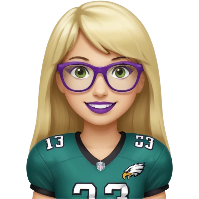 long blonde hair with straight bangs, wearing black rectangle glasses, female, green eyes football player wearing eagles uniform jersey number 33 holding football smiling purple lipstick emoji