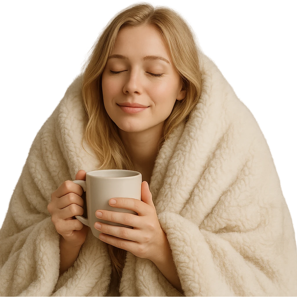 blonde girl inside a fluffy blanket, holding a coffee mug, eyes gently closed, relaxed expression emoji