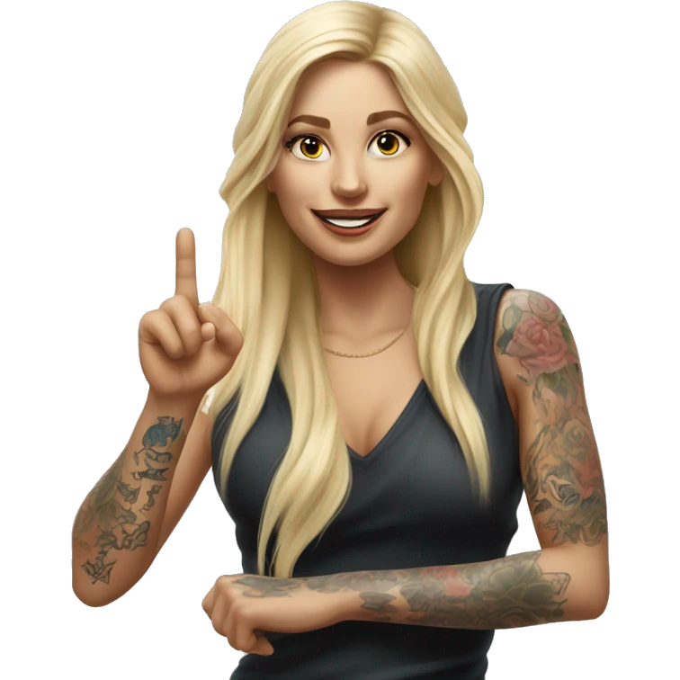 Blonde elegant women with LONG HAIR, her Body Covered with Tattoos, POINTING YOU FORWARD with her HAND with INDEX FINGER, Hyper realistic emoji