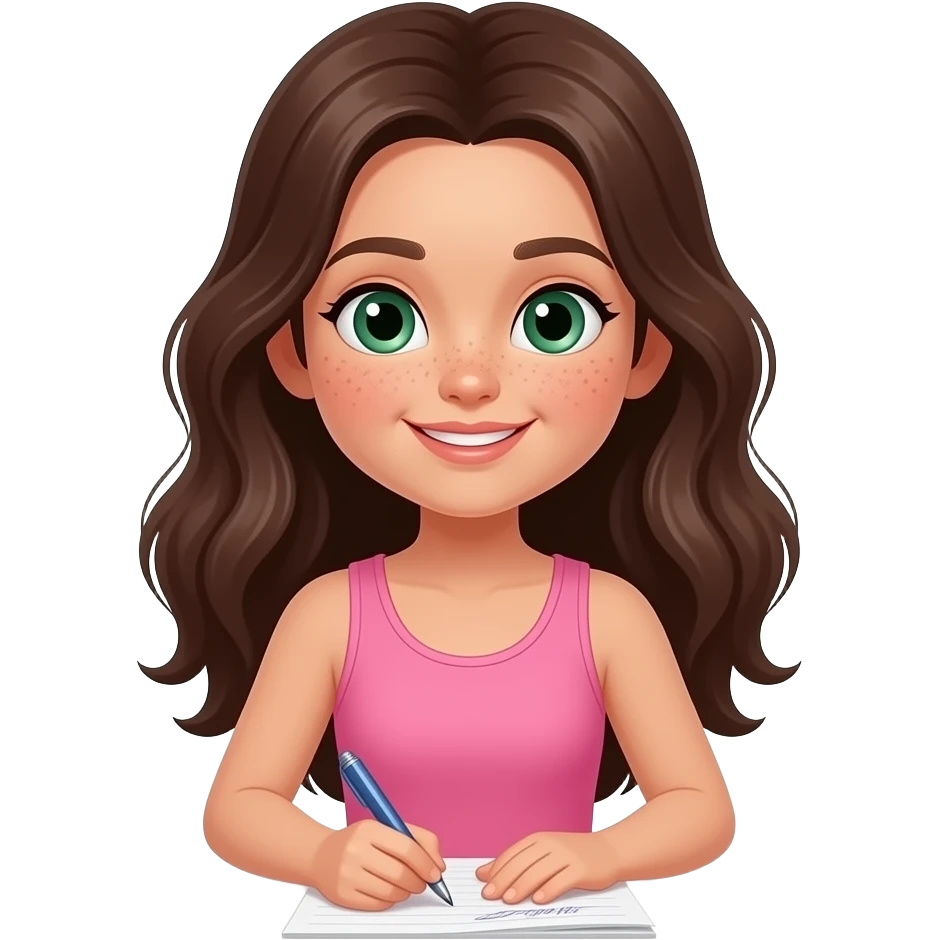 young girl in the style of iphone emoji people, fair skin, green eyes, freckles,long dark brown wavy hair, pink tank top and pink leggings, is writing emoji