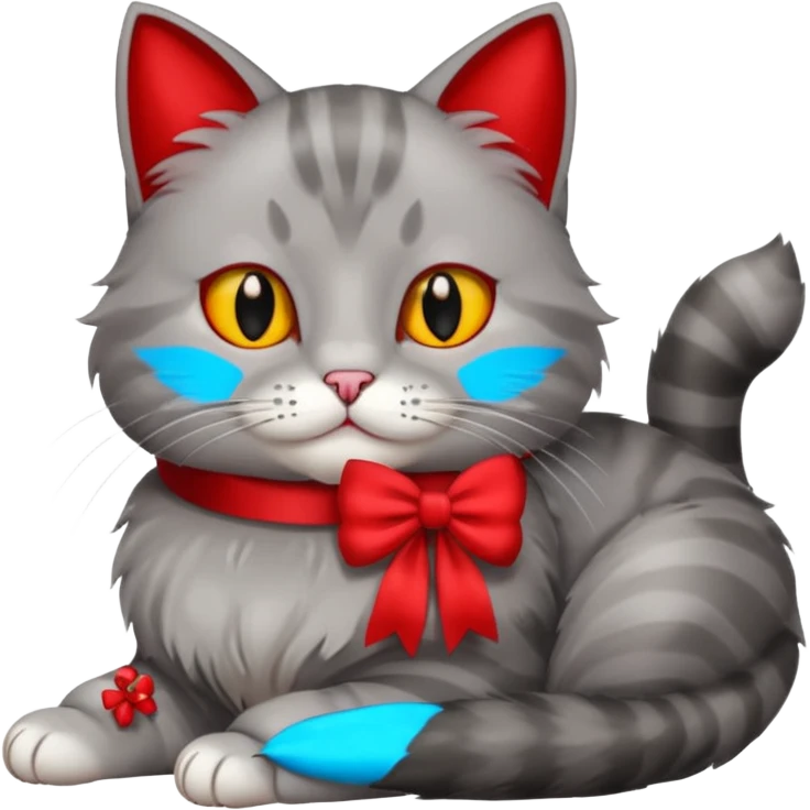 A fluffy grey cat is lying down with a red bow on its neck. emoji