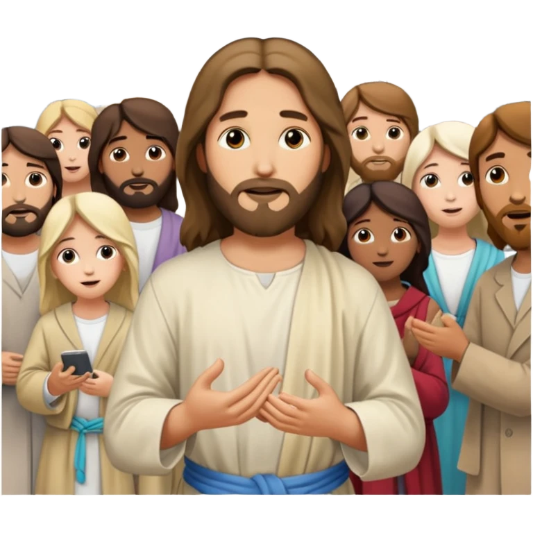 Jesus helping someone in need on a city sidewalk, surrounded by a diverse group of bystanders emoji