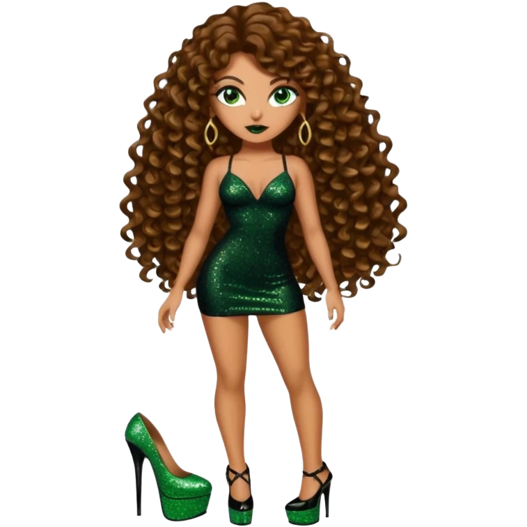 Half naked green eyes brown long curly hair woman, gang drug lord mafia boss style with 7 inch platform stripper high heels black glitter dress emoji