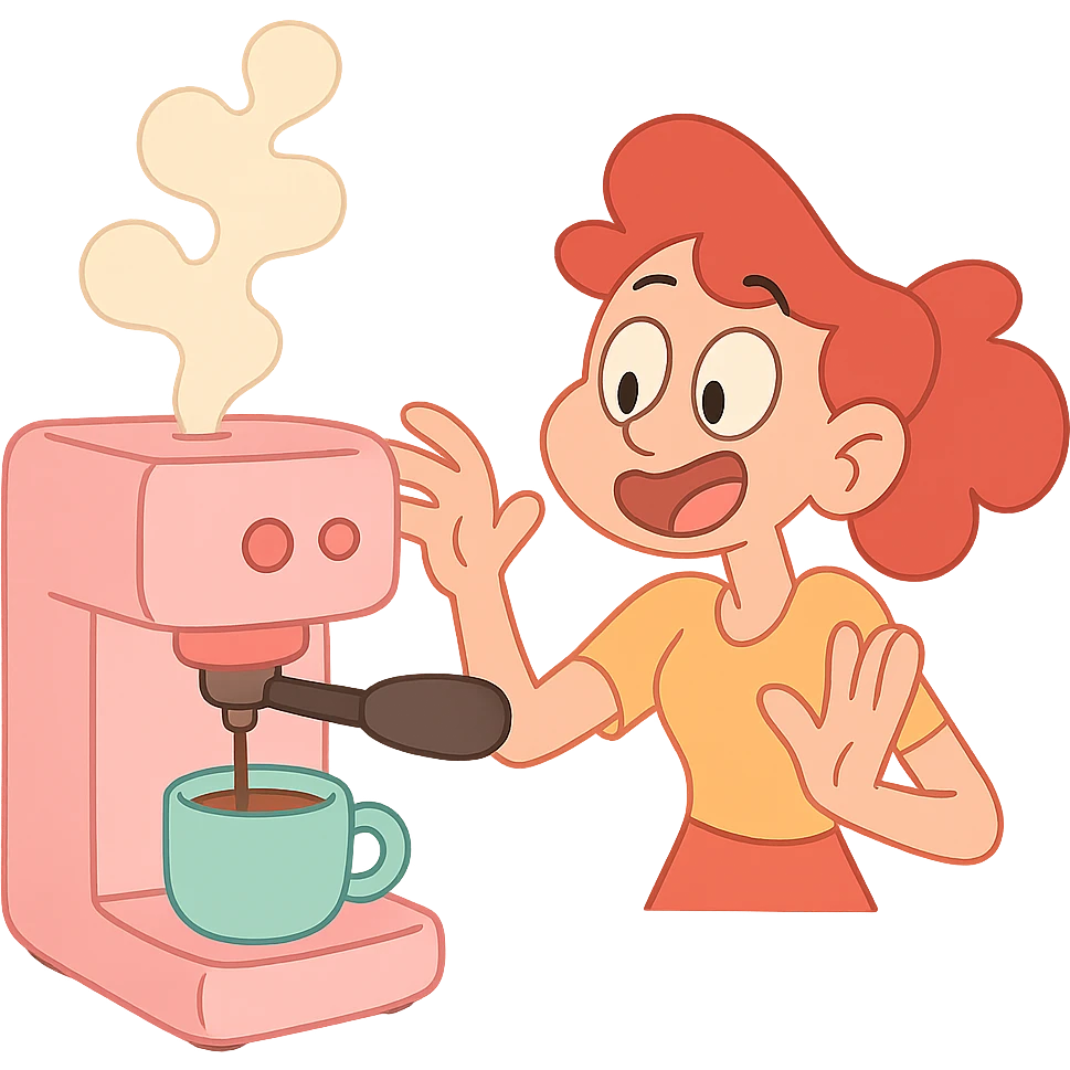 pastel pink coffee machine, calArts 2010s cartoon style, whimsical, with steam emoji