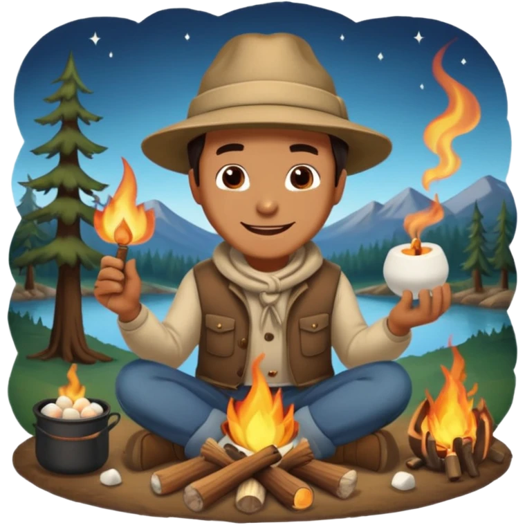 A man roasting marshmallows over the campfire with a warm grin. emoji