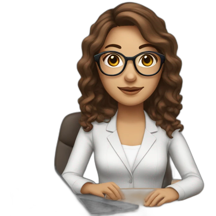 Support analyst woman white, brown curled long hair, brown eyes, Brazilian, white glasses, with a computer and a headset emoji