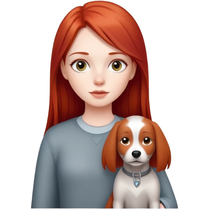 Girl with straight and long red hair with a gray dog emoji