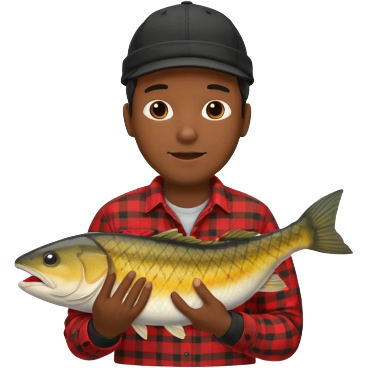 Ung man med svart keps röd gul rutig flanellskjorta hållandes stor torsk emoji