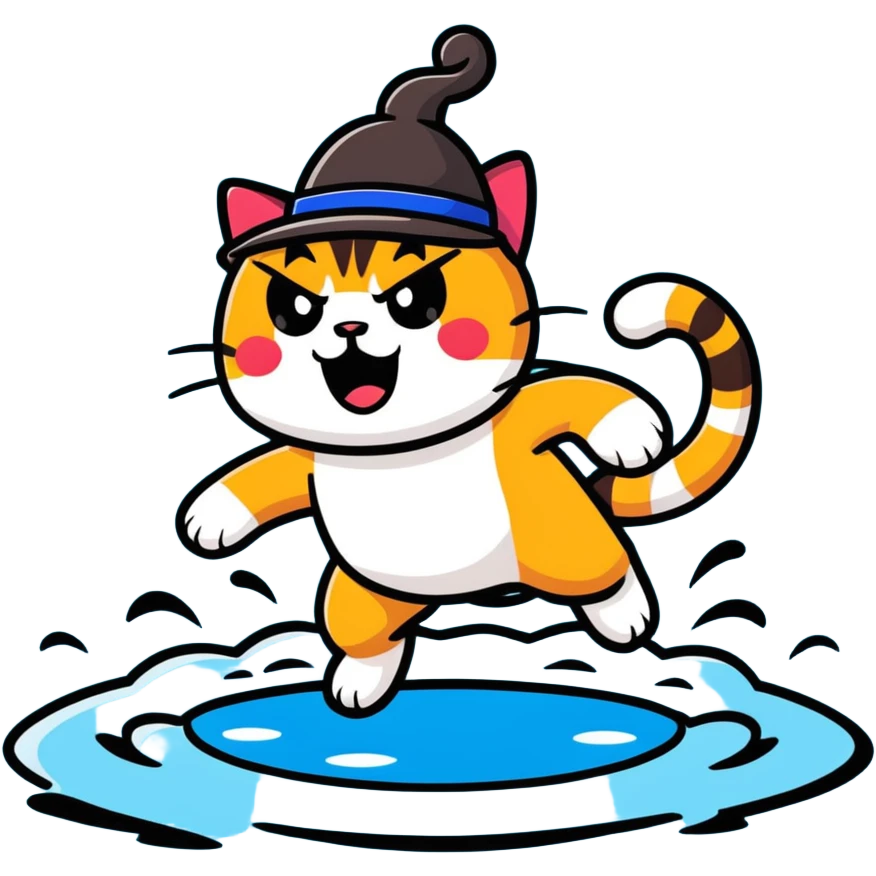angry cat with a hat jumping into a lake emoji