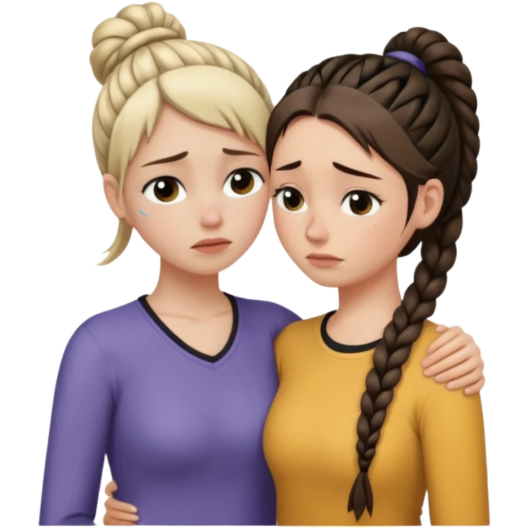 Comforting Hug two white skin women, one shorter woman with medium brown simple top ponytail, not braided, and one taller skinny sad face woman with a single long black side braid emoji