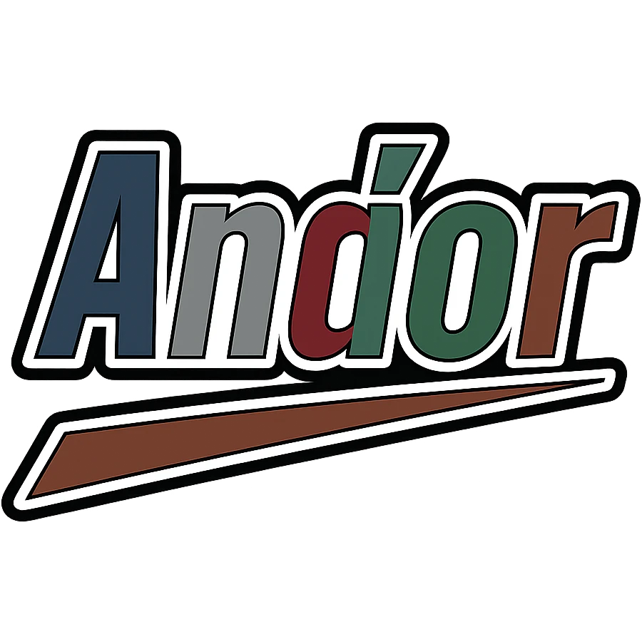 Text image of the name 'Andor' in a masculine, modern font with gradient colors (blue, gray, burgundy, green, brown), precise Hungarian characters, dark contour, extra thick, prominent white letter border, dynamic slanted underline, 1000x1000 px, PNG, transparent background. emoji