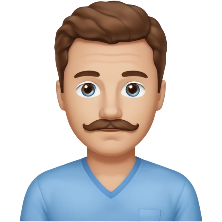 Benson Boone blue eyes, brown wavy hair and mustache, light blue v-neck shirt emoji