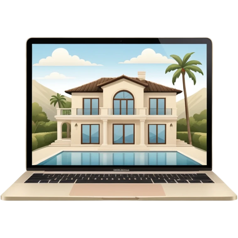
light beige open macbook sideways with luxury villa on screensaver emoji