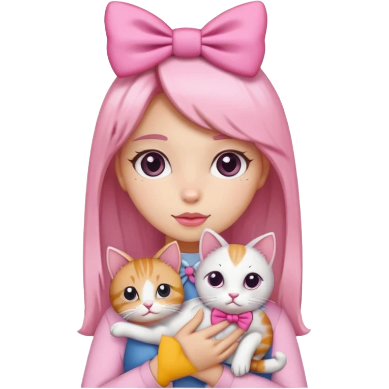 A gurl with pink bow holding a cat emoji