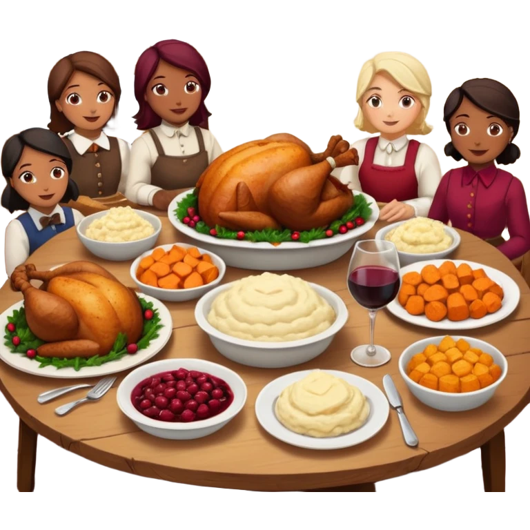 Thanksgiving Dinner with 10 people of different skin color around the table; have the food be a cooked turkey, mashed potatoes, corn, a basket of biscuits, a small bowl of cranberry sauce, baked yams, steamed vegetables, and a bottle of wine. emoji