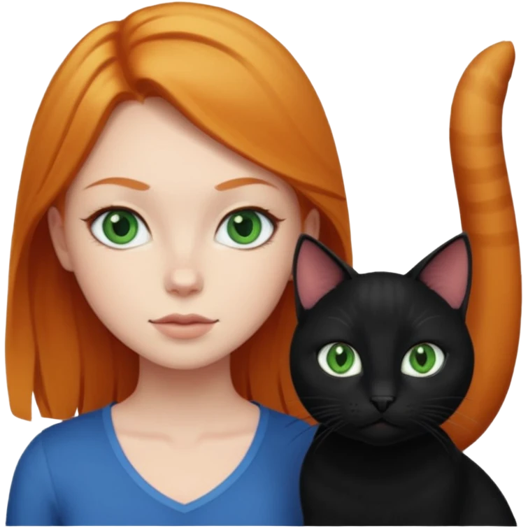 ginger girl with green eyes beside a blonde girl with blue eyes and a black cat emoji