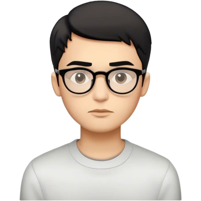 Emoji of a boy with oval face, warm-medium skin tone, sharp jawline, full lips, straight nose, dark expressive eyes, thin arched eyebrows, short black hair styled neatly in the front, clear glasses, and a neutral expression with a slight pout. emoji